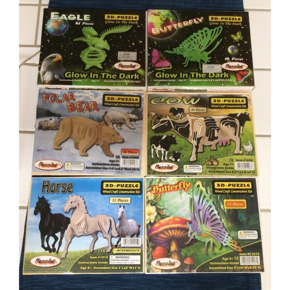 Lot of 6 Wood Puzzle 3D Kits Glow in Dark Eagle Horse Cow Butterfly Polar Bear